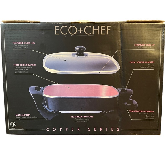 ECO-CHEF -Electric Skillet, Ceramic Nonstick. 1400 watts, 12" square pan, copper - Picture 2 of 11